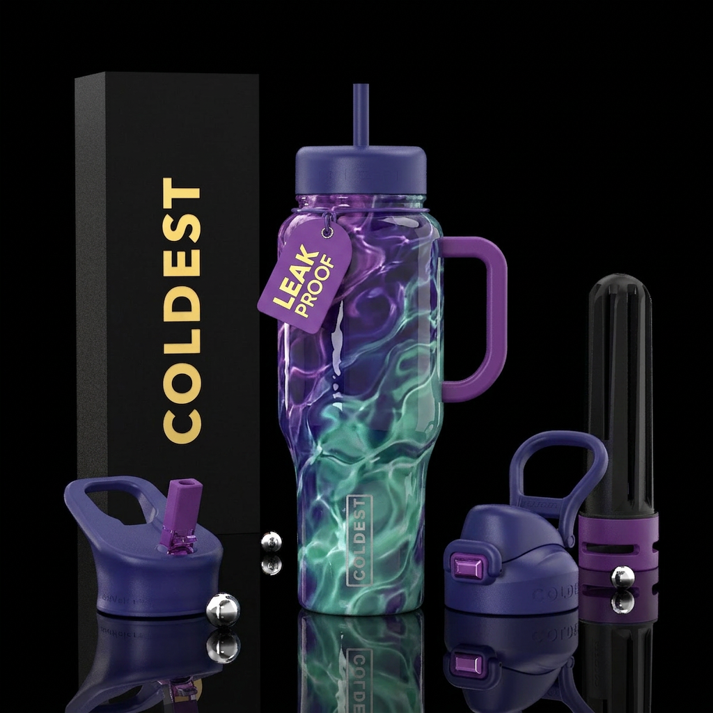 Purple indigo green pool water, glossy water bottle design