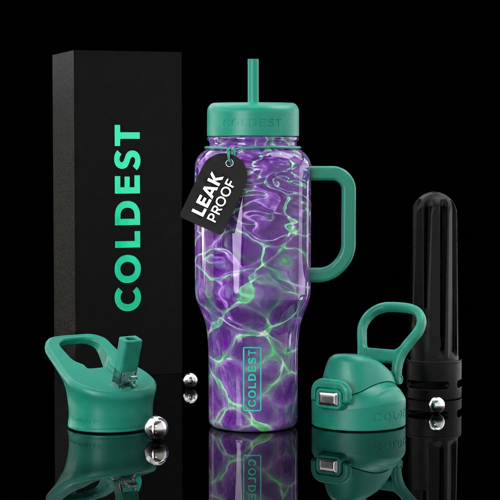 Purple  green pool water, glossy water bottle design