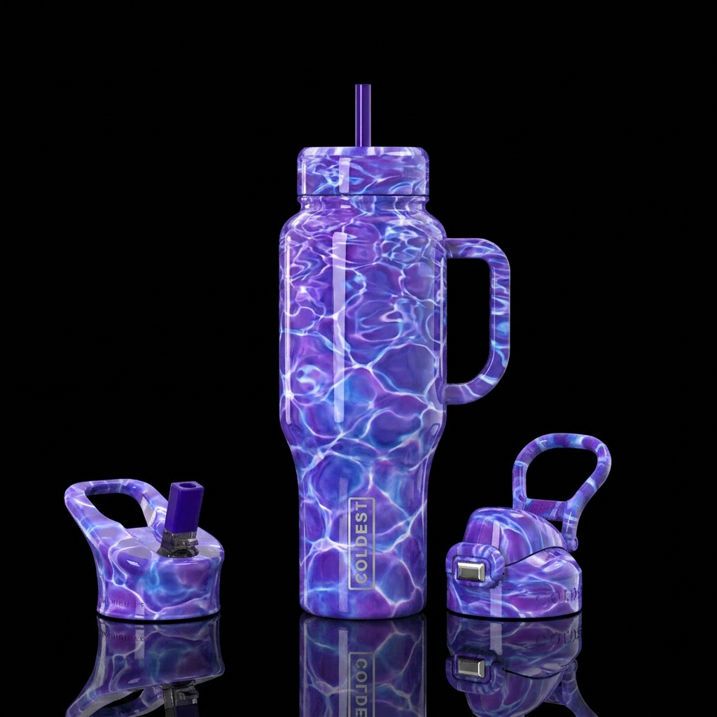 Purple  blue pool water, glossy water bottle design