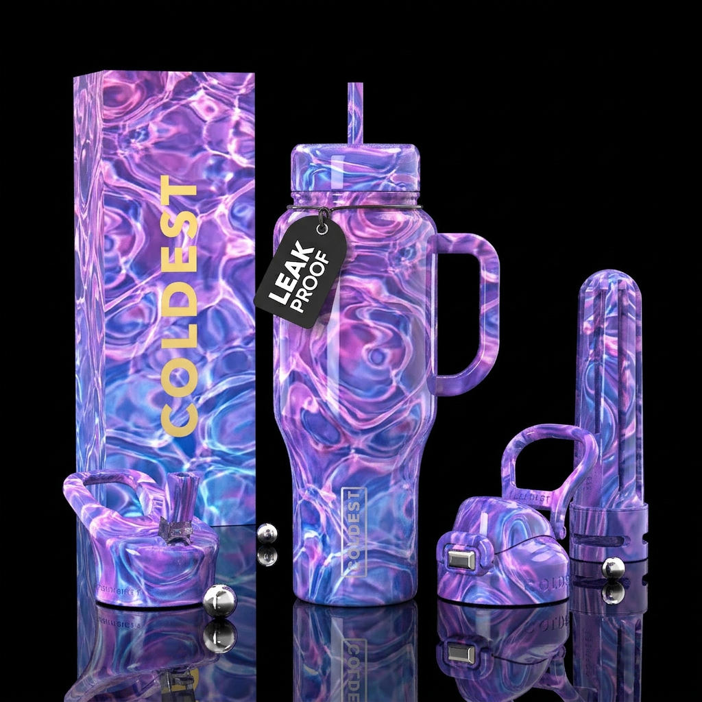 Purple  pink blue pool water, glossy water bottle design