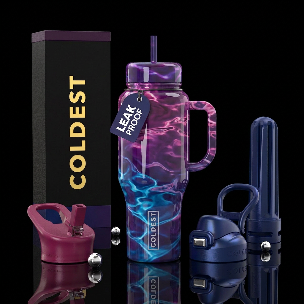 Purple  pink blue pool water, glossy water bottle design