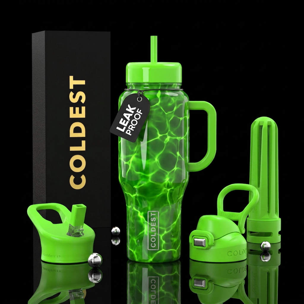 Radioactive green pool water, glossy water bottle design