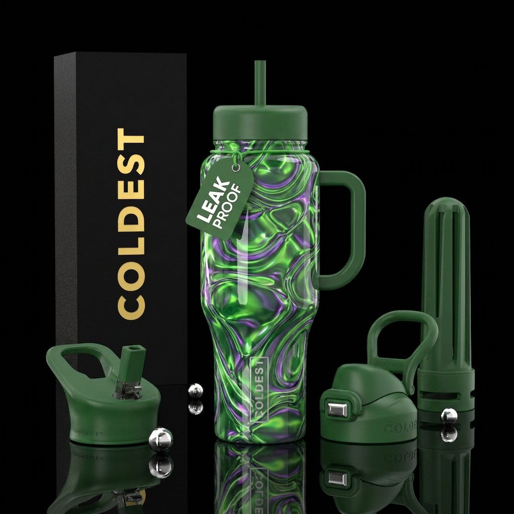 Radioactive green purple pool water, glossy water bottle design