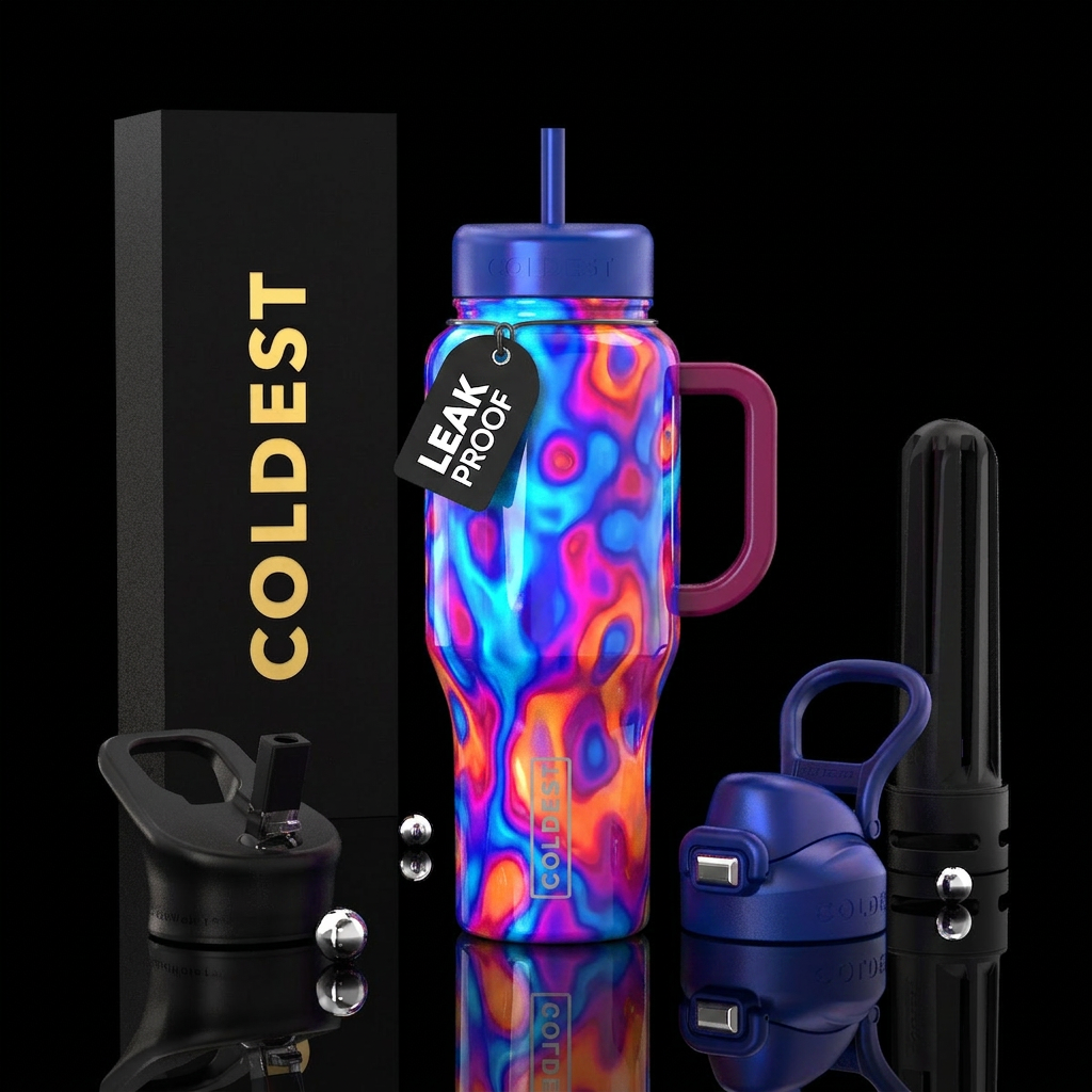Radioactive blue  magenta orange opalite purple po... water bottle design