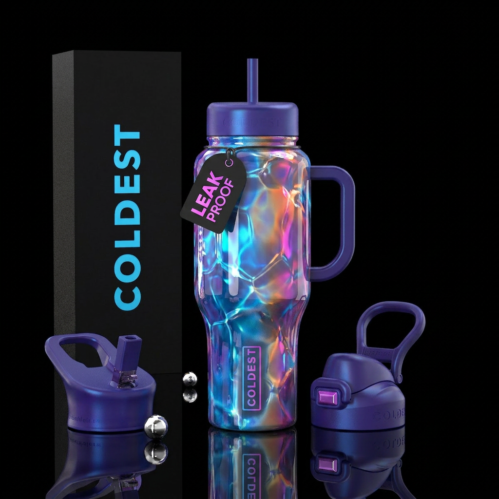 Radioactive blue  magenta orange opalite purple po... water bottle design