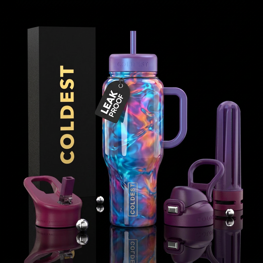 Radioactive blue  magenta orange opalite purple po... water bottle design