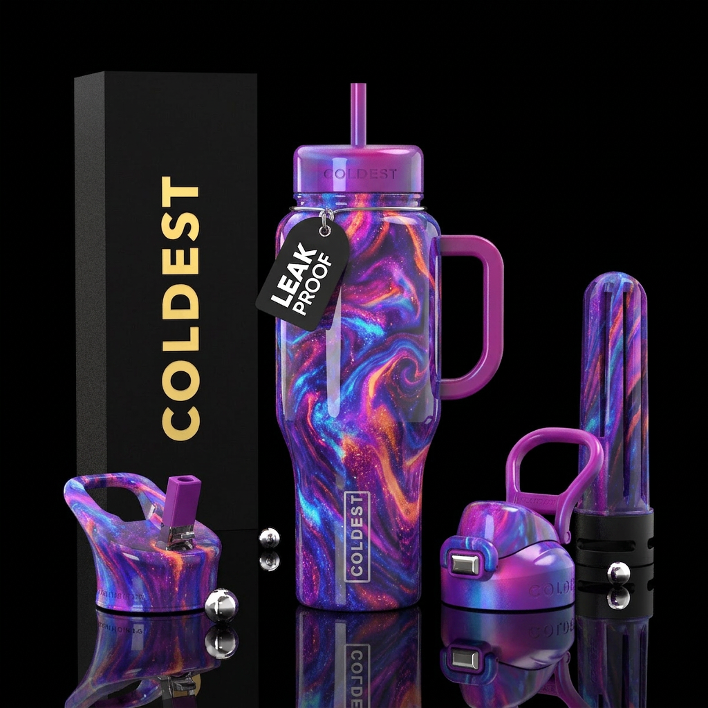 Radioactive purple blue  magenta orange opalite pu... water bottle design