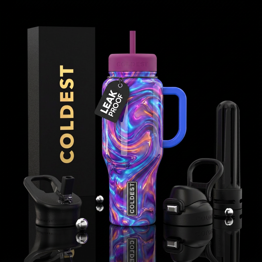 Radioactive purple blue  magenta orange opalite pu... water bottle design