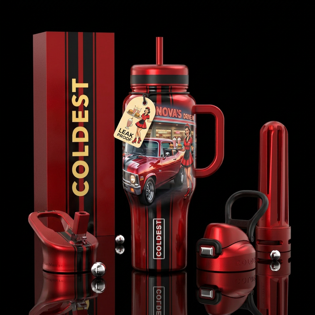 69  Chevy nova from front red black racing stripes... water bottle design