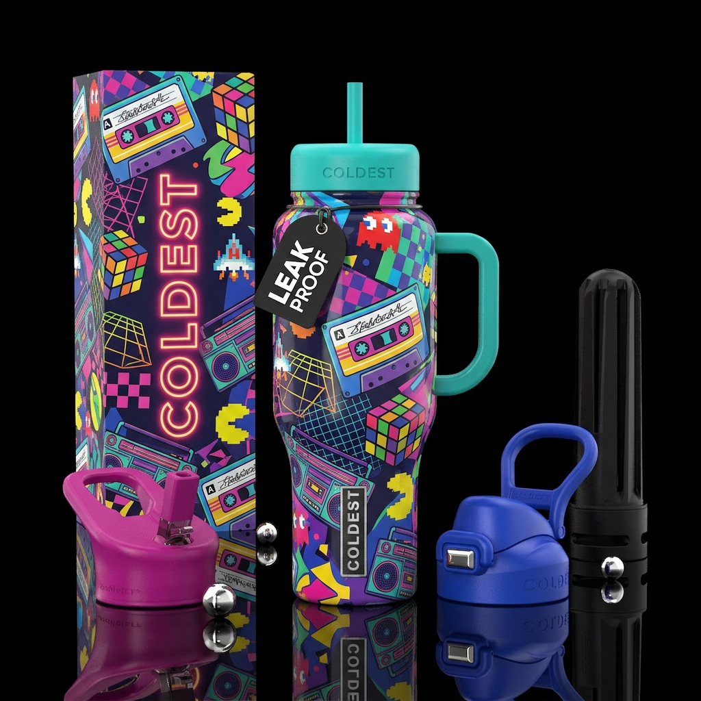 80's kids room, nostalgia, glossy water bottle design