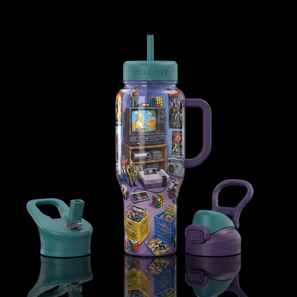 80's kids room, nostalgia, glossy, trompe-l'œil water bottle design