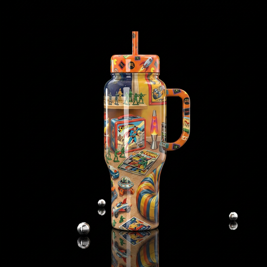 70's kids room, nostalgia, glossy, trompe-l'œil water bottle design