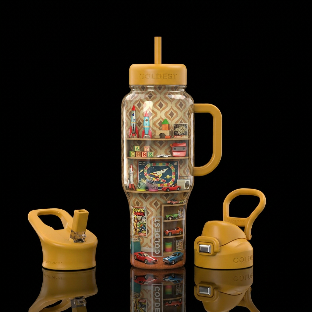 60's kids room, nostalgia, glossy, trompe-l'œil water bottle design