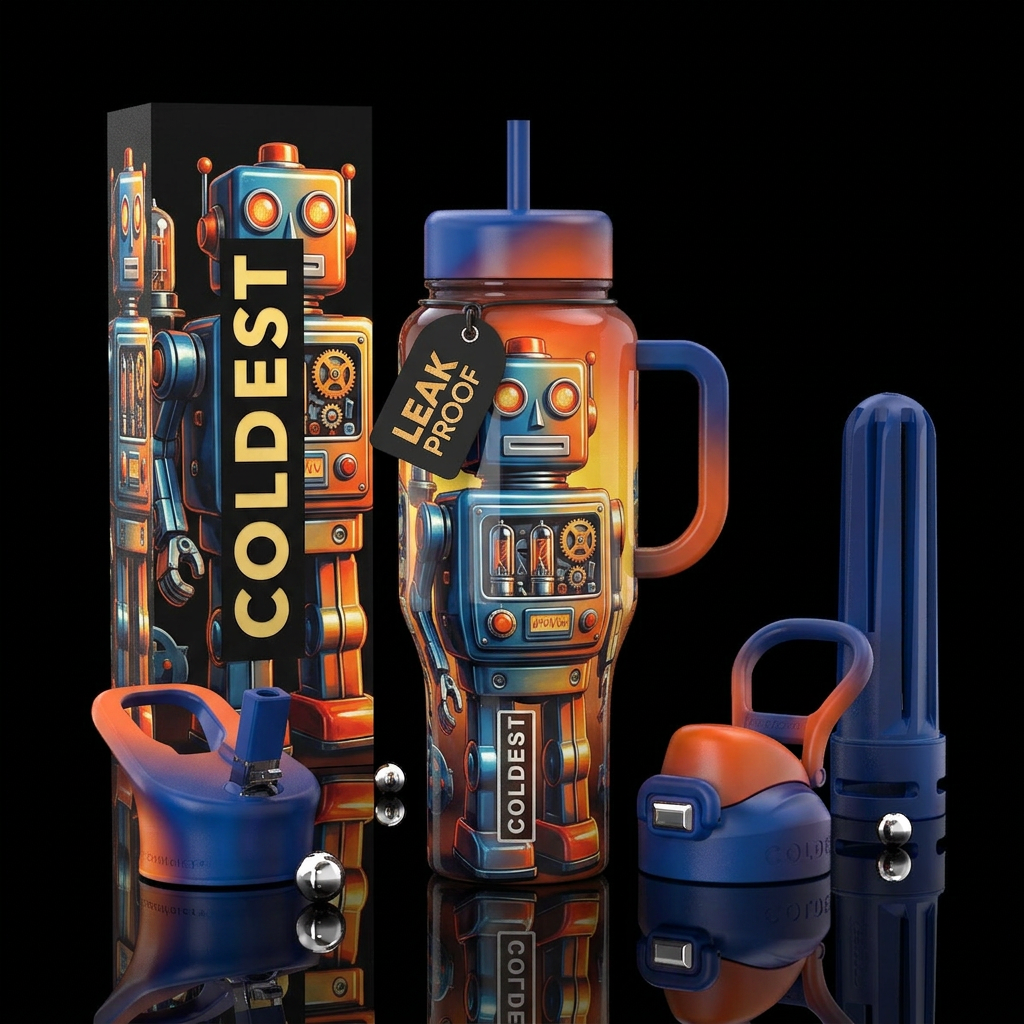 50's robots, nostalgia, glossy, trompe-l'œil water bottle design