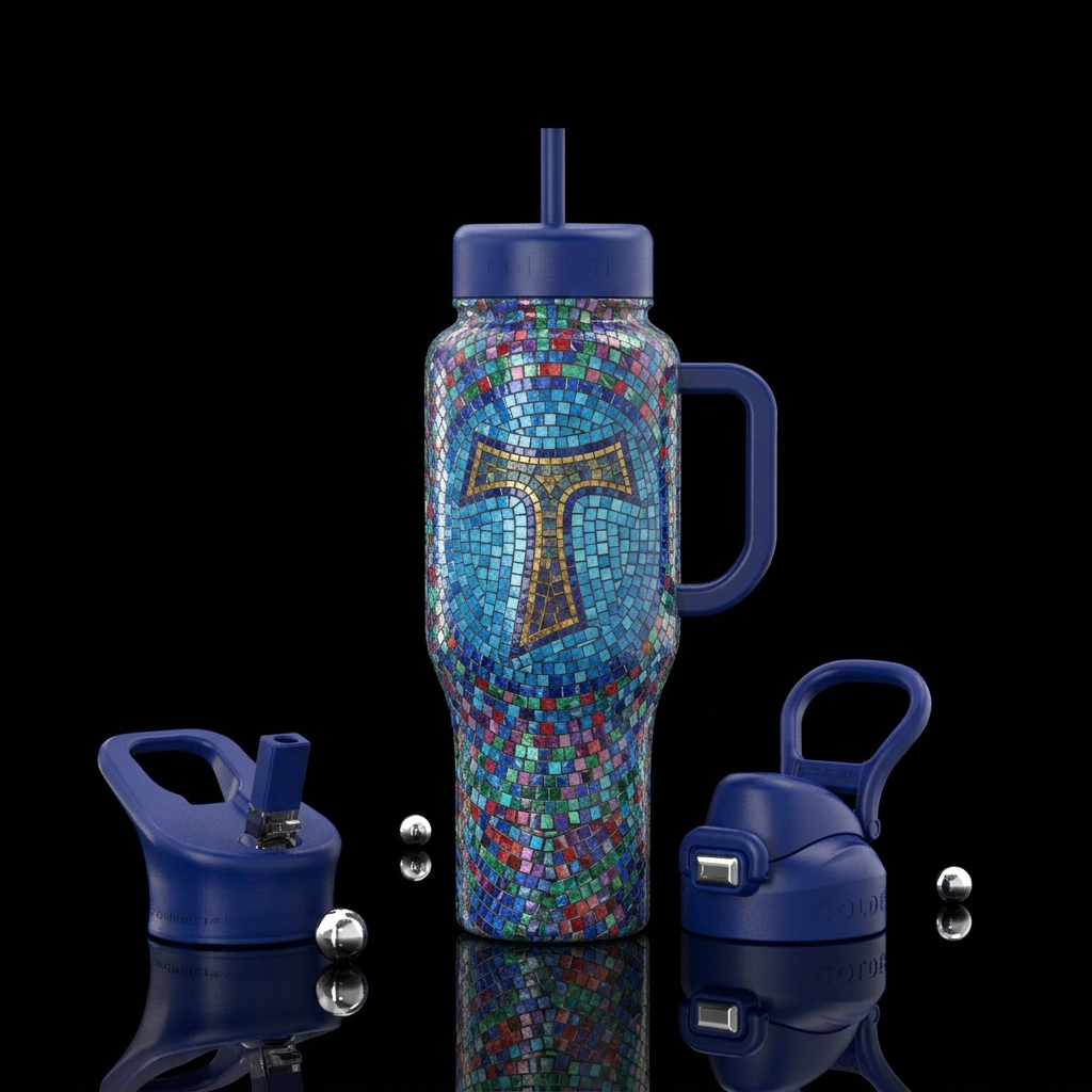 Tau cross, glossy, serene,mosaic water bottle design