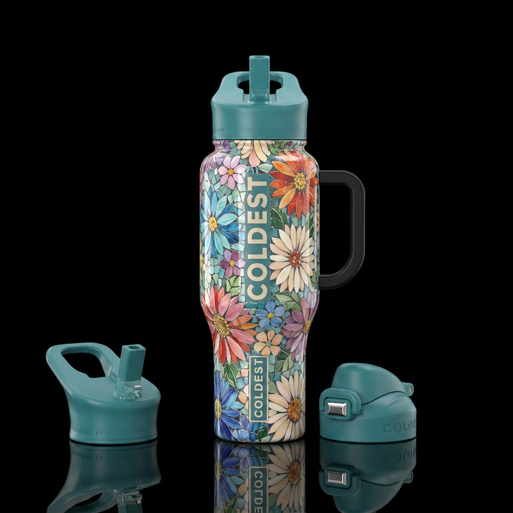 Floral, glossy, serene,mosaic water bottle design