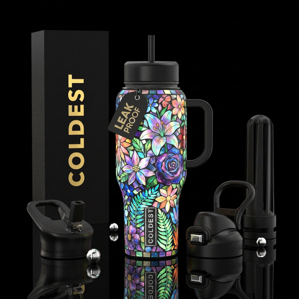 Floral, glossy, glowie, serene,mosaic water bottle design