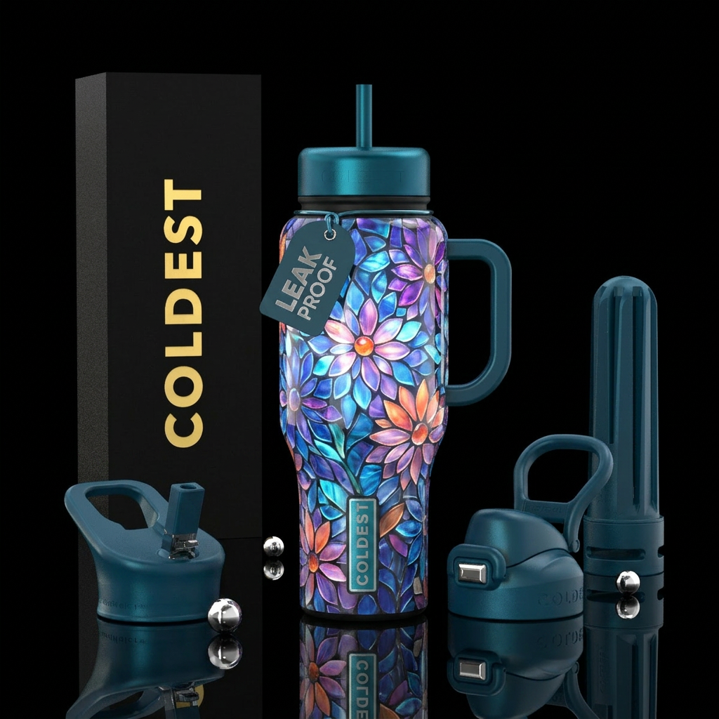 Floral, glossy, glowie, serene,mosaic water bottle design