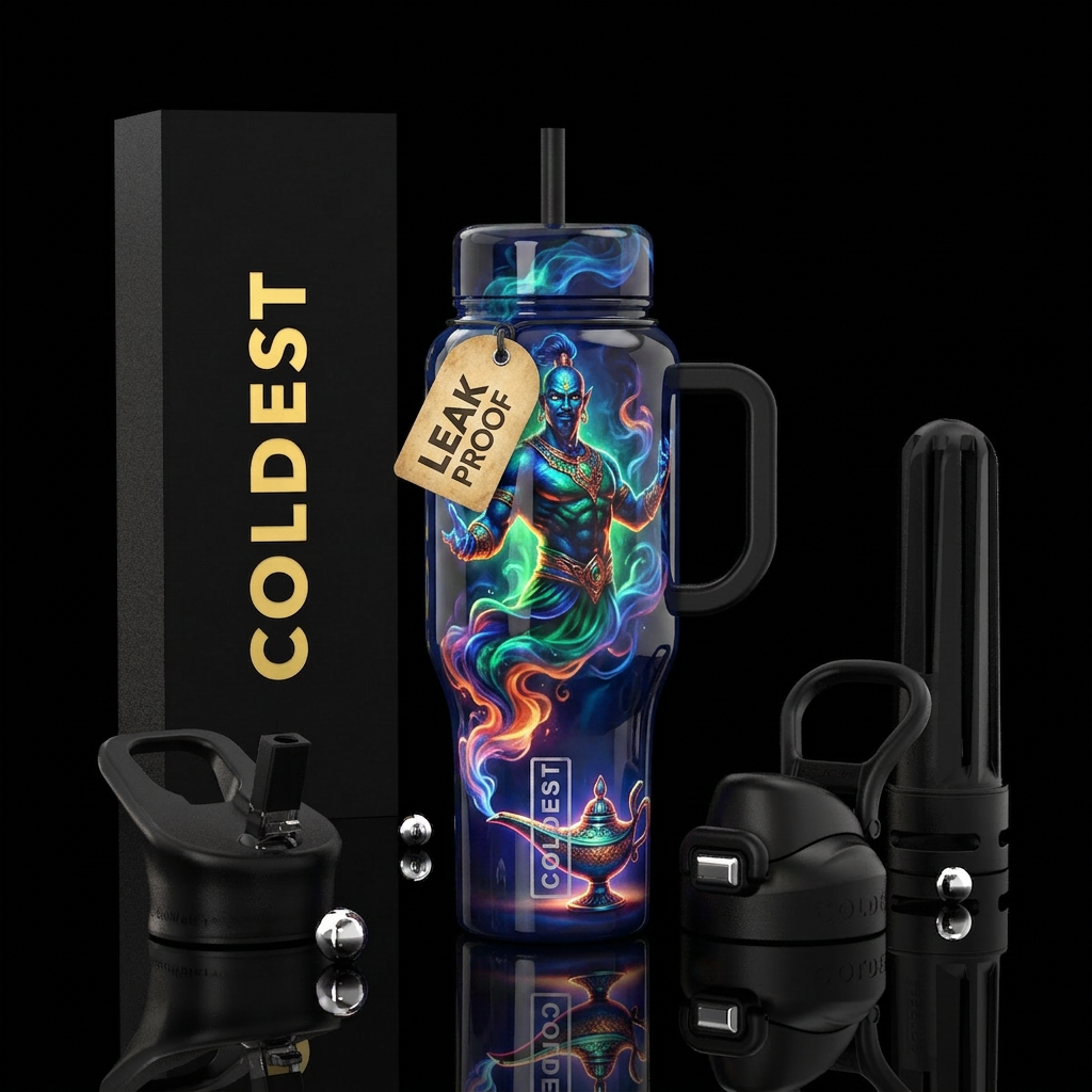 Genie coming out of its lamp, alluring smoke,gloss... water bottle design