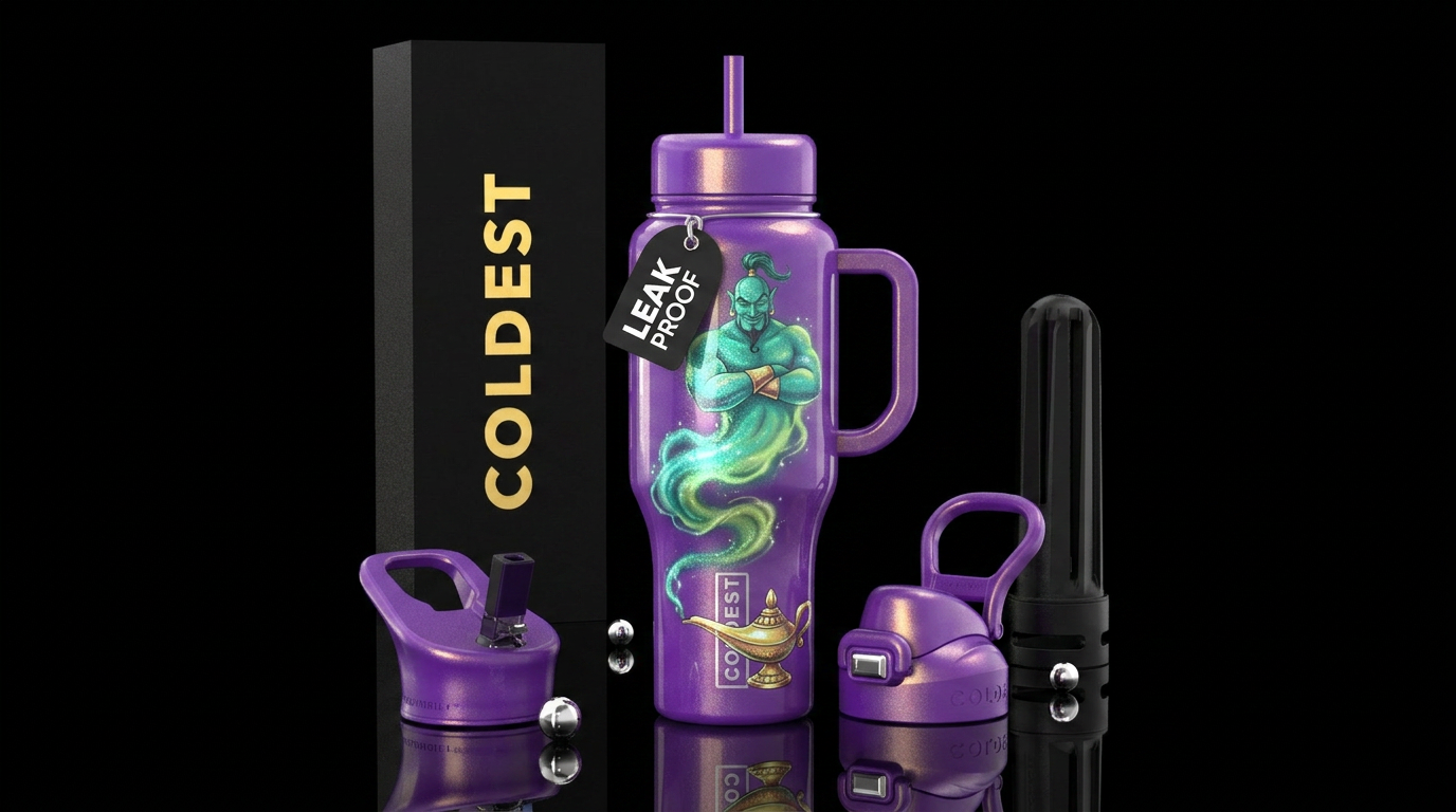 Genie coming out of its lamp, alluring smoke,gloss... water bottle design