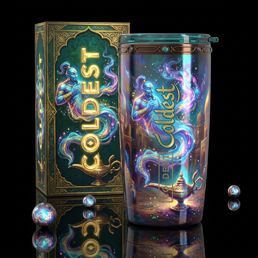 Genie coming out of its lamp, alluring smoke,gloss... water bottle design