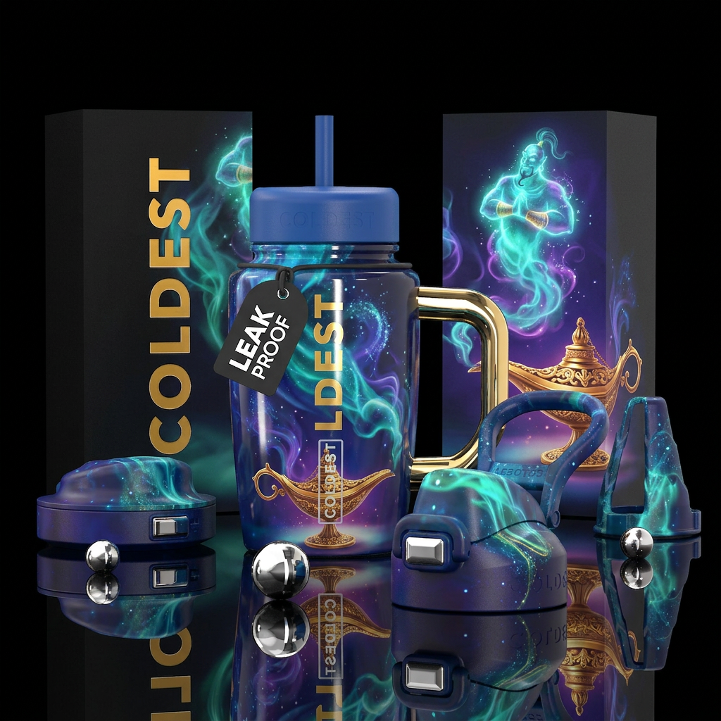 Genie coming out of its lamp, alluring smoke,gloss... water bottle design