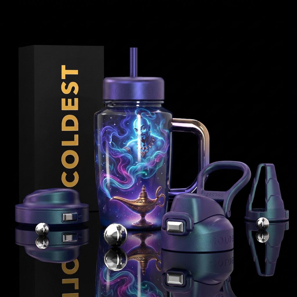 Genie coming out of its lamp, alluring smoke,gloss... water bottle design
