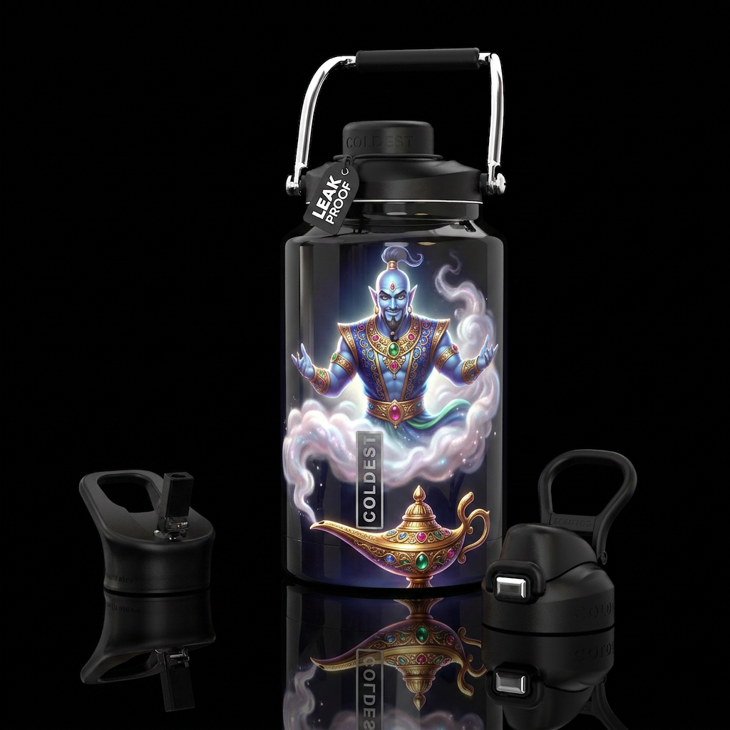 Genie coming out of its lamp, alluring smoke,gloss... water bottle design