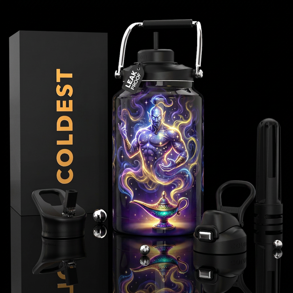 Genie coming out of its lamp, alluring smoke,gloss... water bottle design