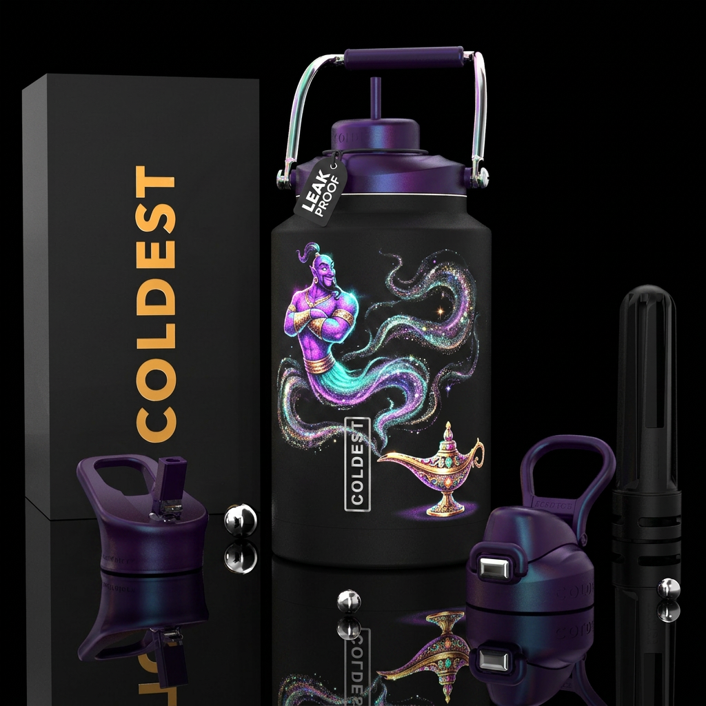 Genie coming out of its lamp, alluring smoke,gloss... water bottle design