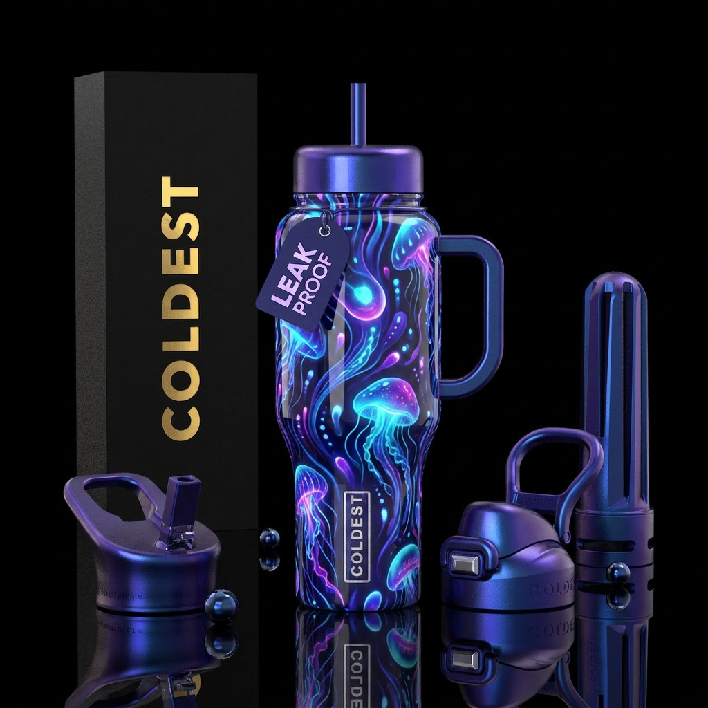 cadence,glossy, alluring, trompe-l'œil, glowie water bottle design