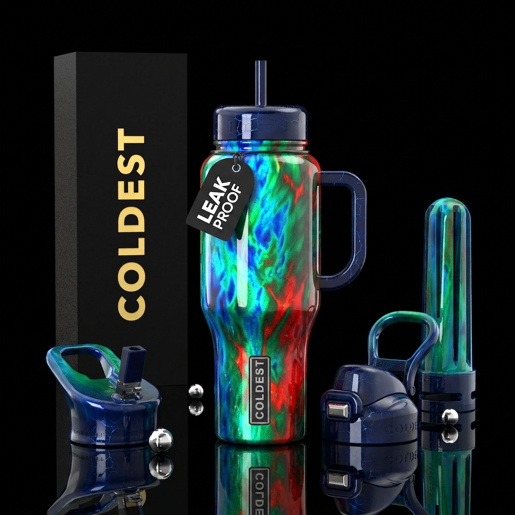 Highly vibrant glossy colors, subtle cracking chip... water bottle design
