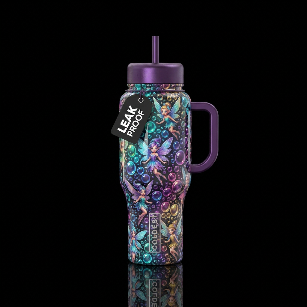 Fizzy faerie sprites, glossy, alluring, trompe-l'œ... water bottle design