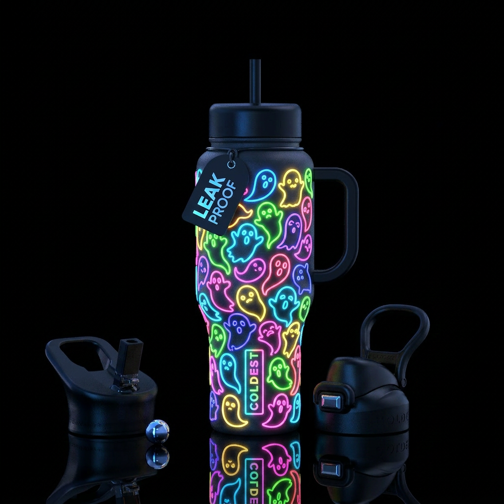 Neon ghosts, glossy, trompe-l'œil, glowie water bottle design