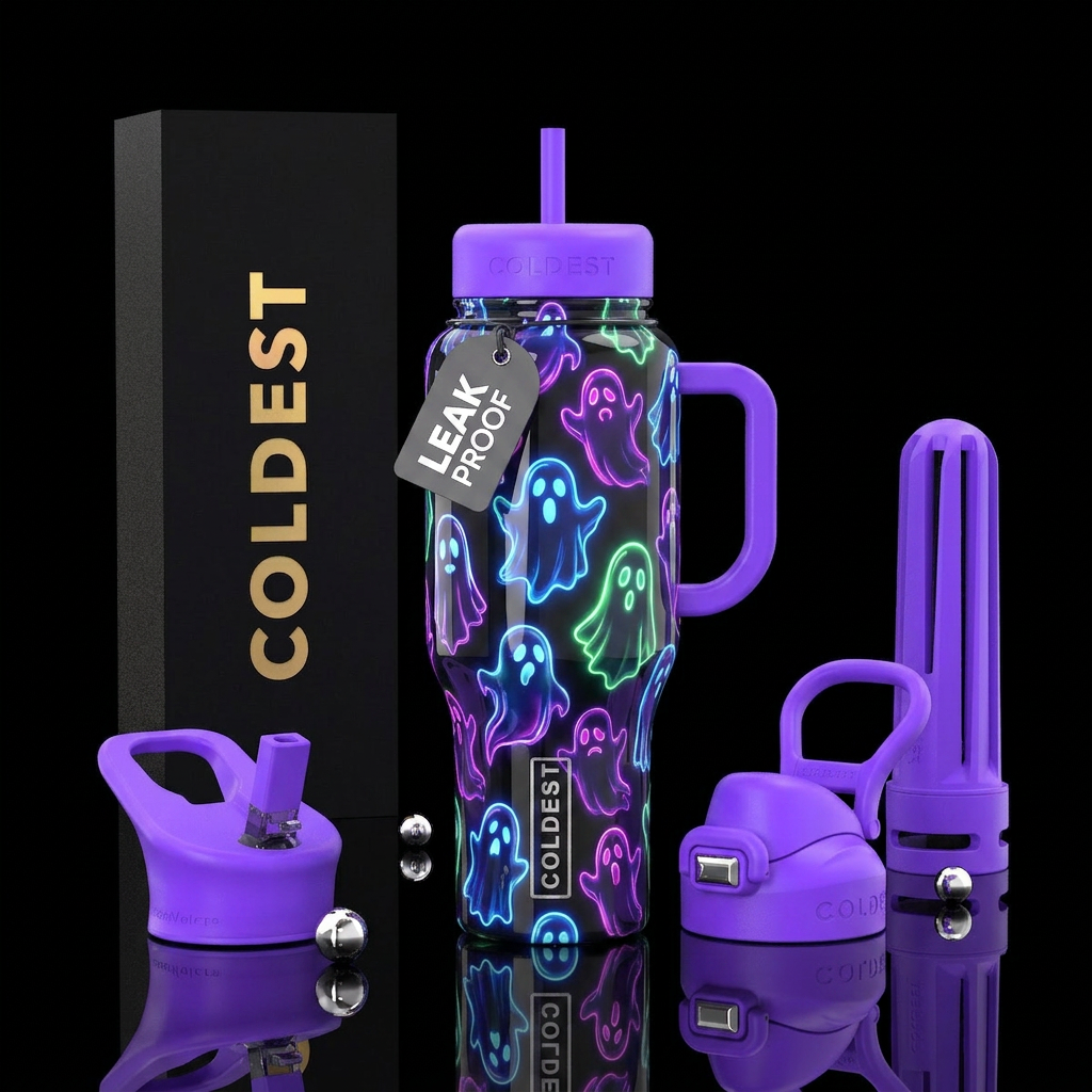 Neon ghosts, glossy, trompe-l'œil, glowie water bottle design