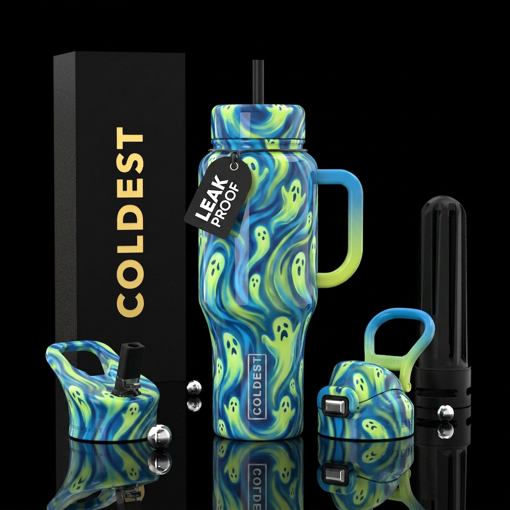Blue, chartreuse, ghosts, glossy, trompe-l'œil, gl... water bottle design