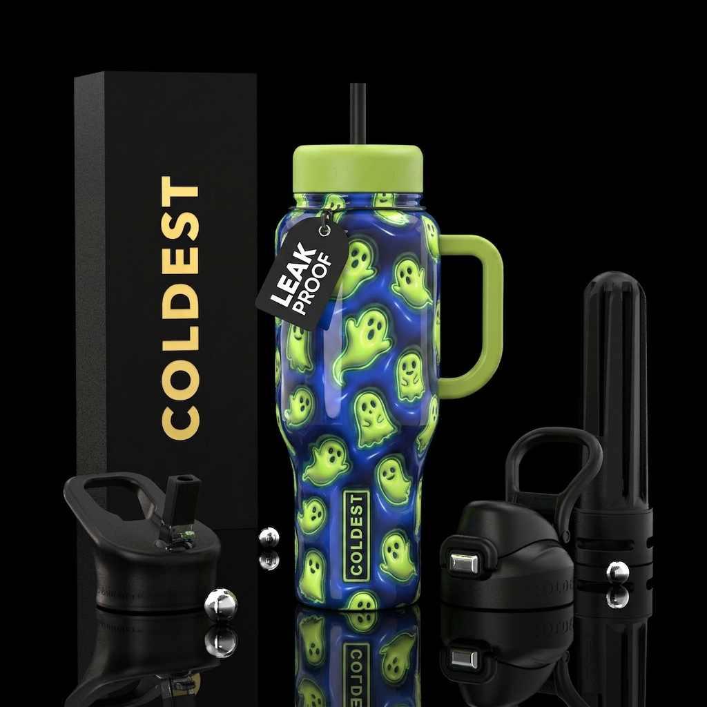 Blue, chartreuse, ghosts, glossy, trompe-l'œil, gl... water bottle design