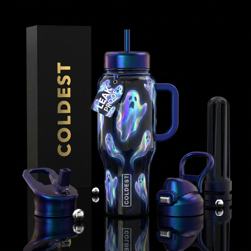 Holographic, ghosts, glossy, trompe-l'œil, glowie water bottle design