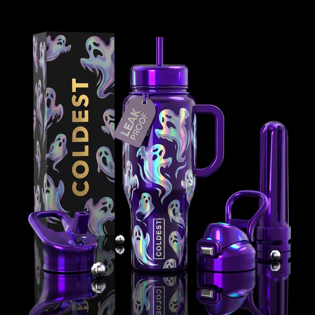 Holographic, ghosts, glossy, deep purple glssy bac... water bottle design