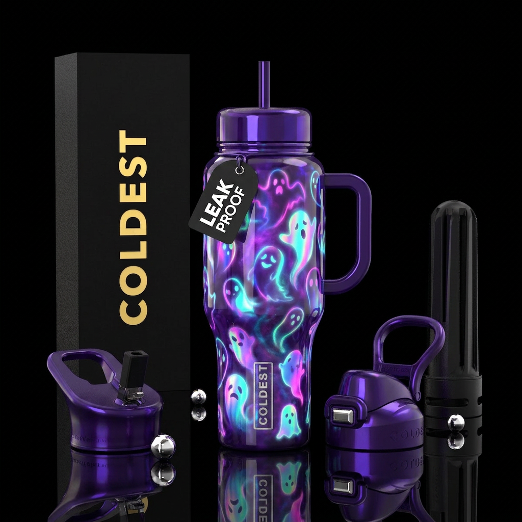 Holographic, ghosts, glossy, deep purple glssy bac... water bottle design
