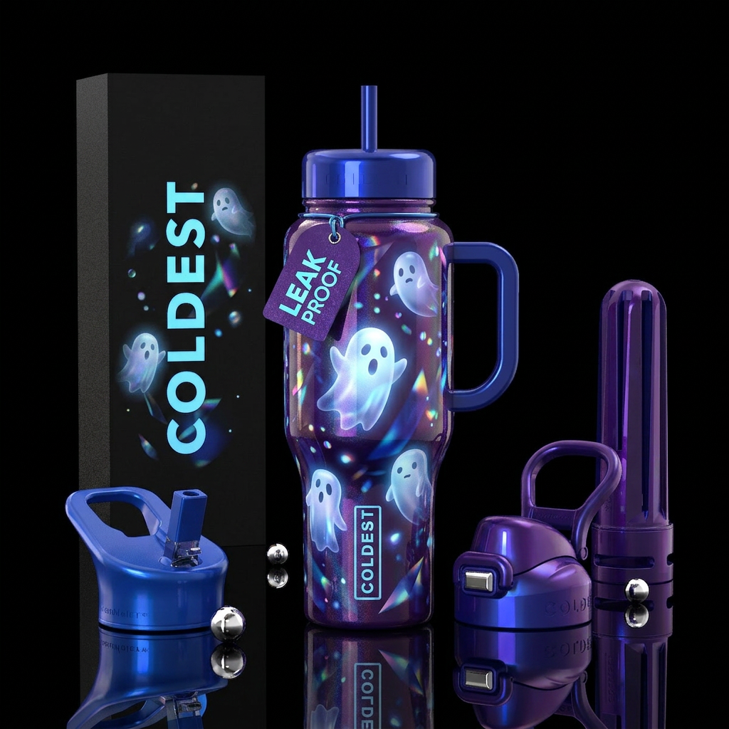Holographic, ghosts,candy blue,glossy, deep purple... water bottle design