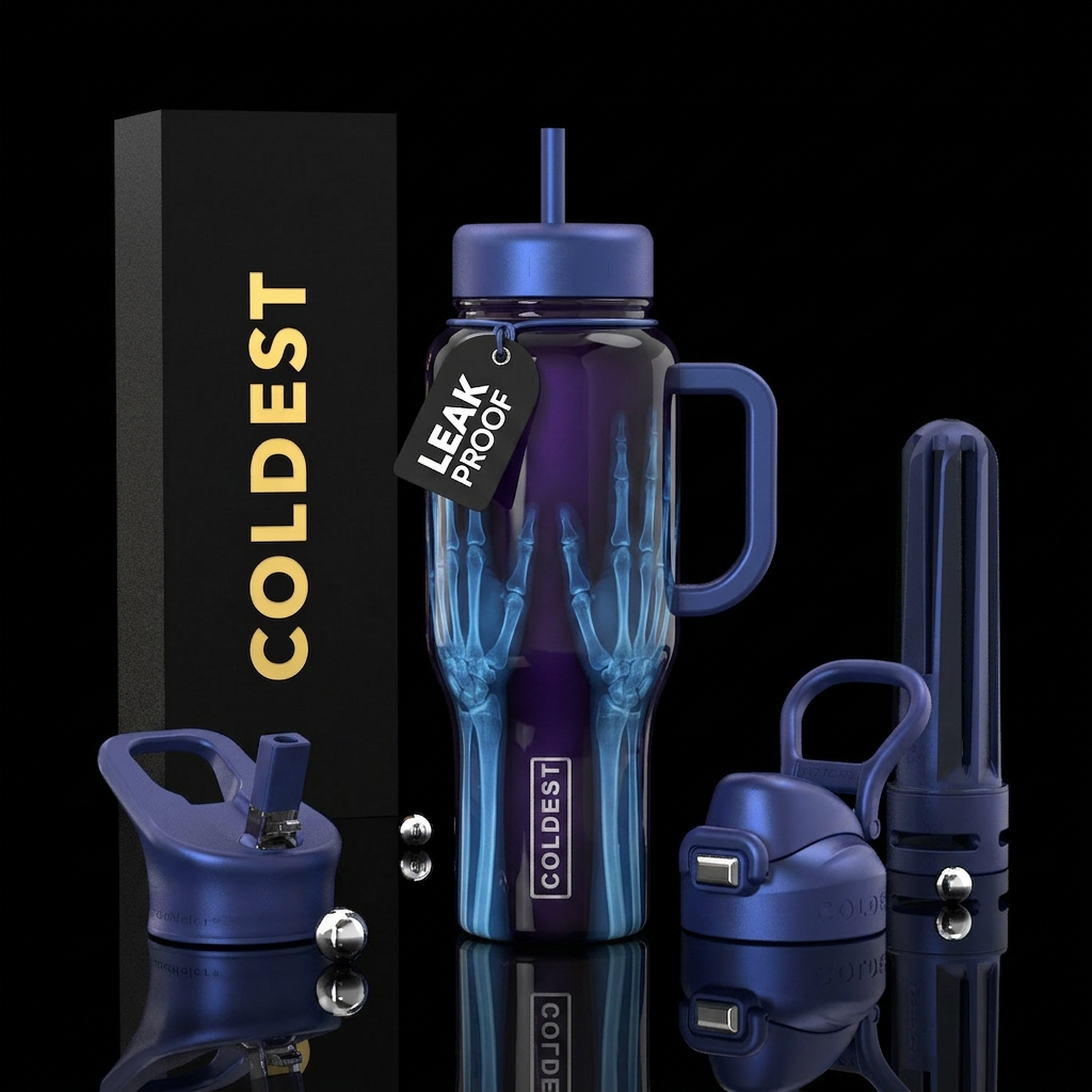 Xray hands pressed against bottle, ,candy blue,glo... water bottle design