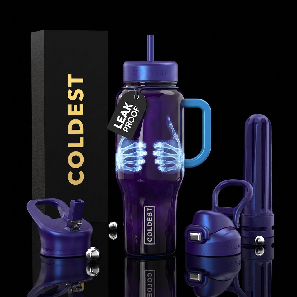 Xray hands up skeleton,candy blue,glossy, deep pur... water bottle design