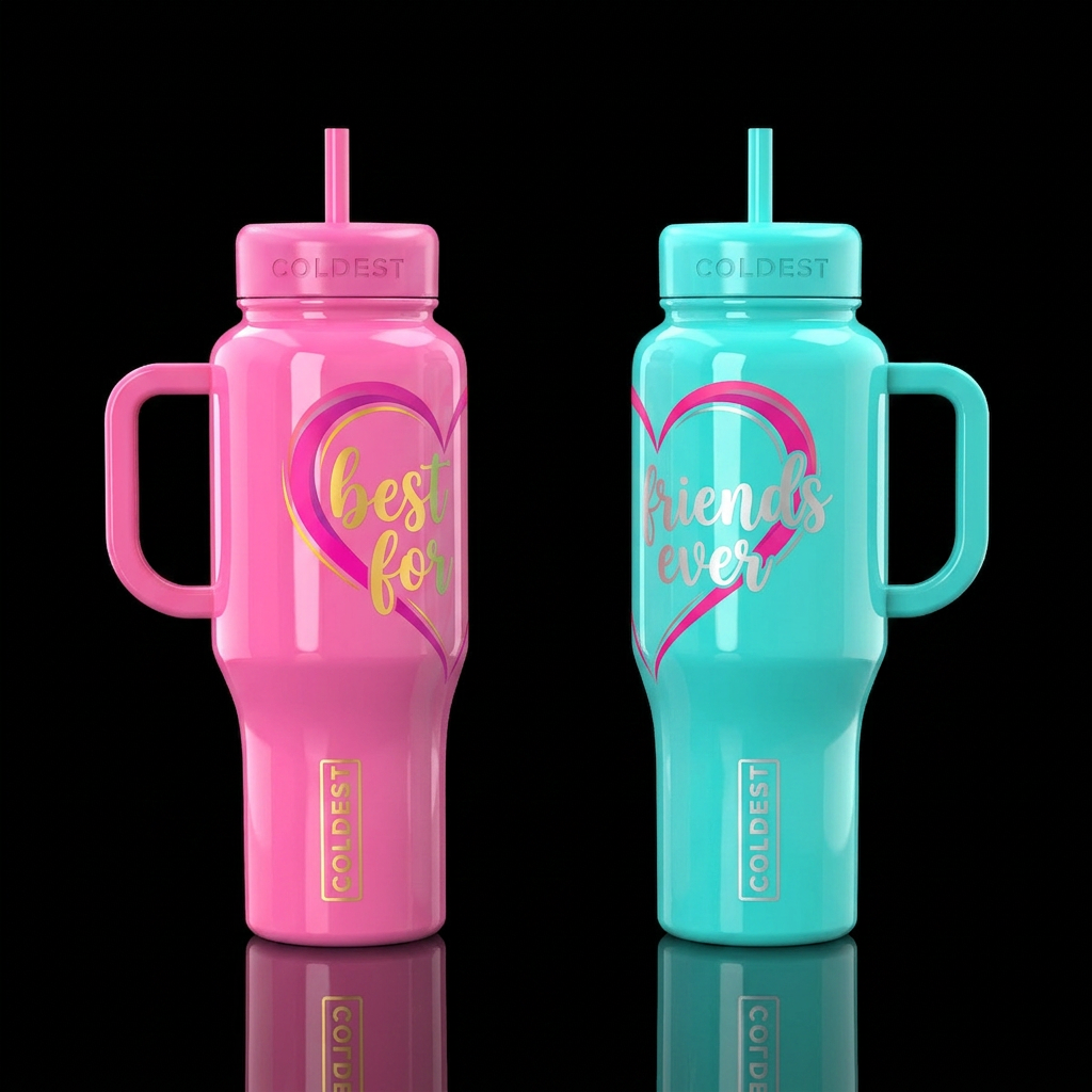 2 bottles, one has half a heart and says best for,... water bottle design