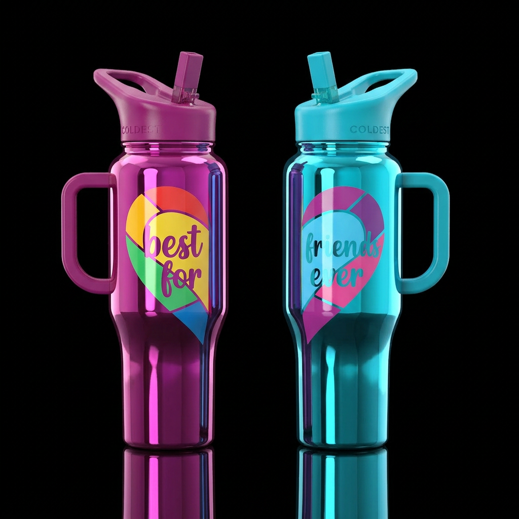 2 bottles, one has half a heart and says best for,... water bottle design