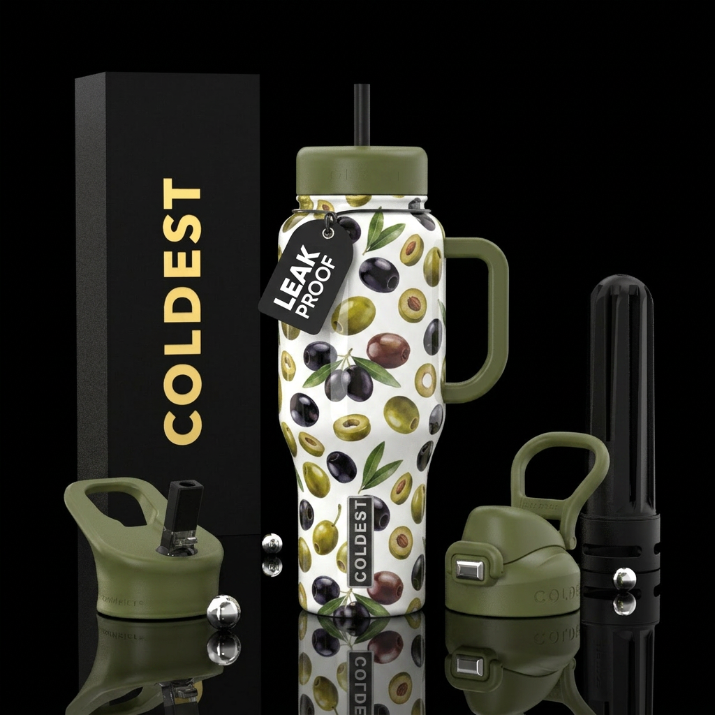 Black and green olives, white background, glossy water bottle design
