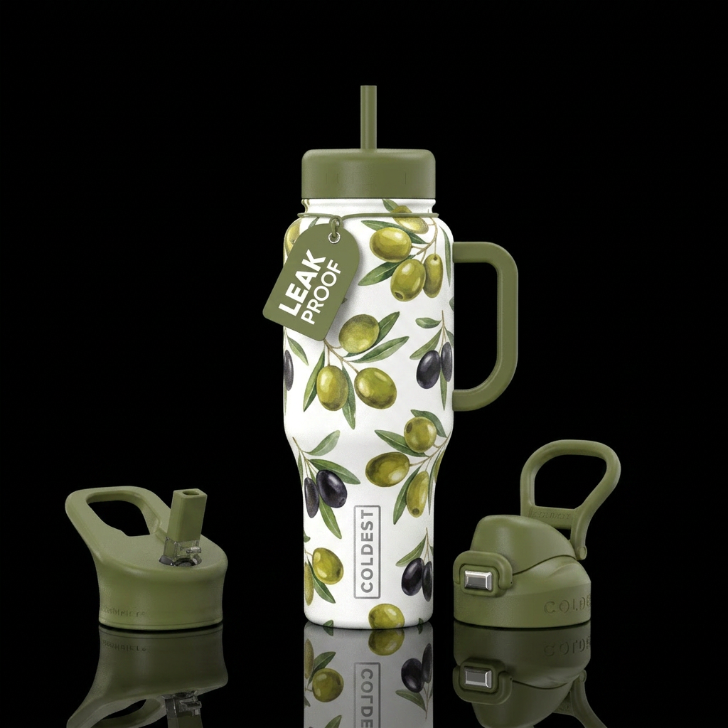 Black and green olives, white background, glossy water bottle design