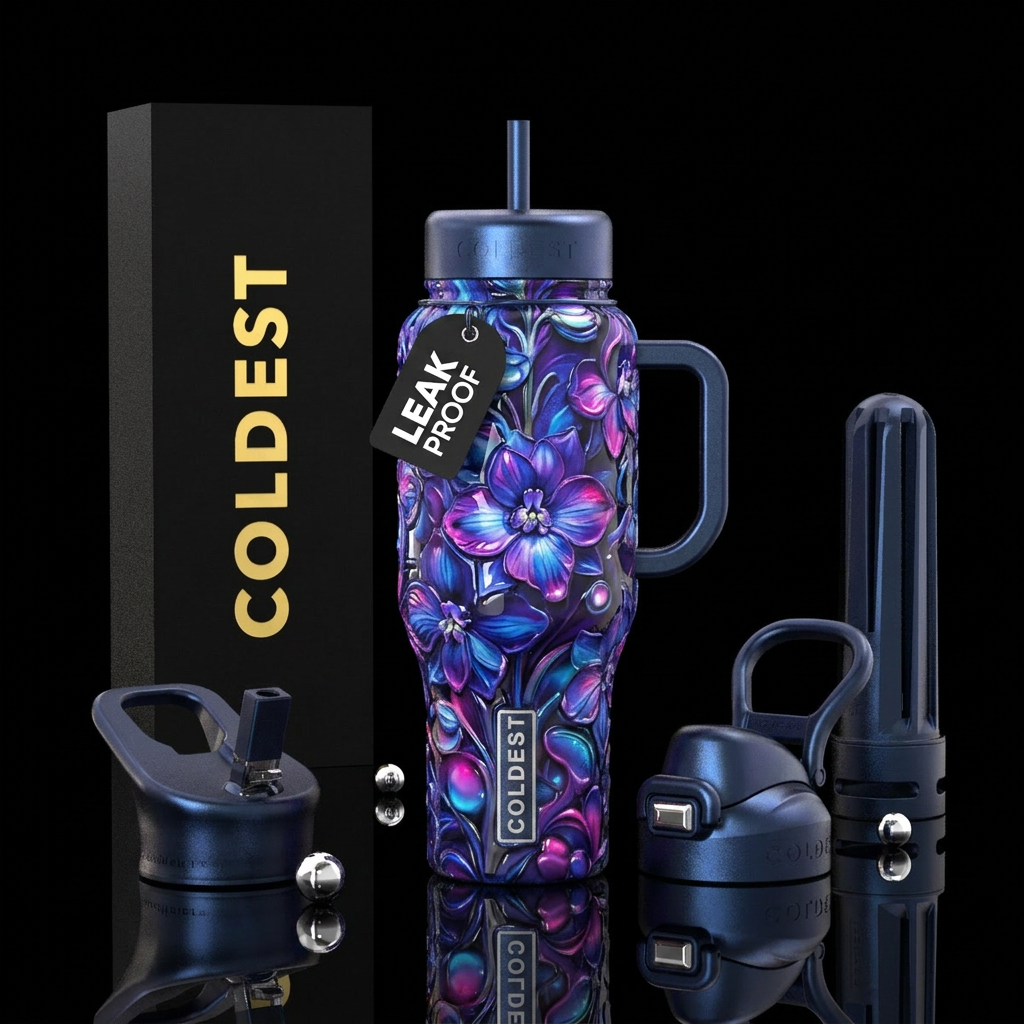 Puffed up delphinium, pigment,glossy, glowie water bottle design