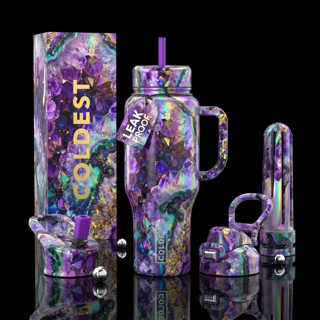 geode, holographic,glossy water bottle design