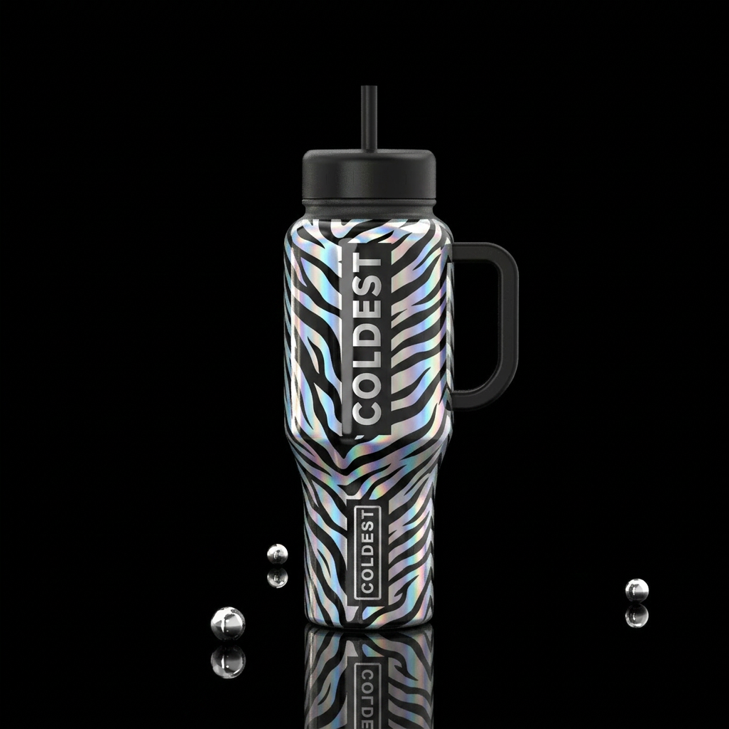 holographic,glossy,, tiger stripes, monochrome water bottle design